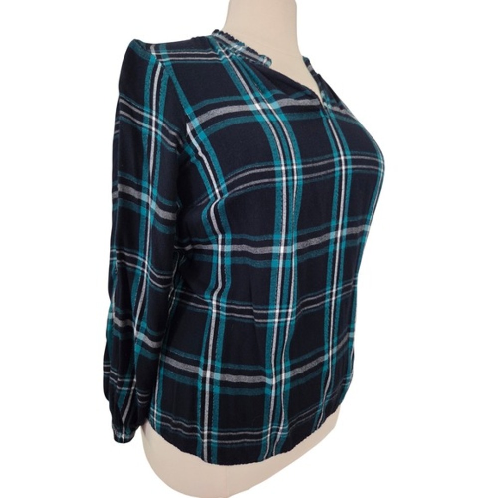 Lane Bryant Teal Navy Plaid Metallic Split Neck Blouse Top Womens 16 - Picture 3 of 8